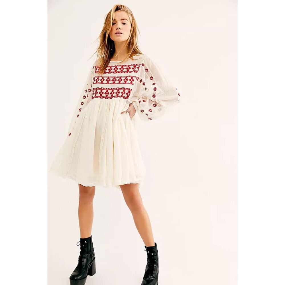 Free People Cream and Red Mini Dress